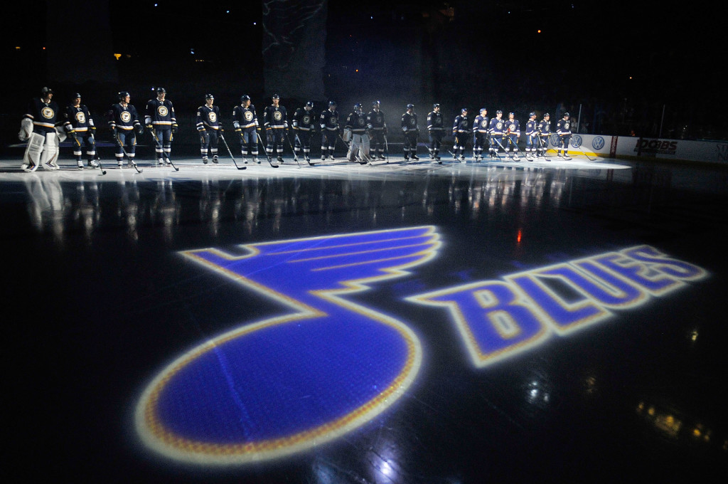 ST. LOUIS, MO - OCTOBER 8: The St. Louis Blues are introduced before a game against the Nashville Predators at Scottrade Center on October 8, 2011 in St. Louis, Missouri.  (Photo by Jeff Curry/Getty Images)